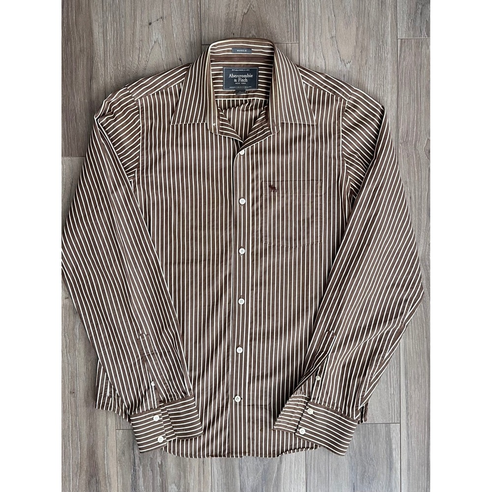 Abercrombie Mens VTG Muscle Fit Striped Brown Button Down L Embroidered Neck Y2K